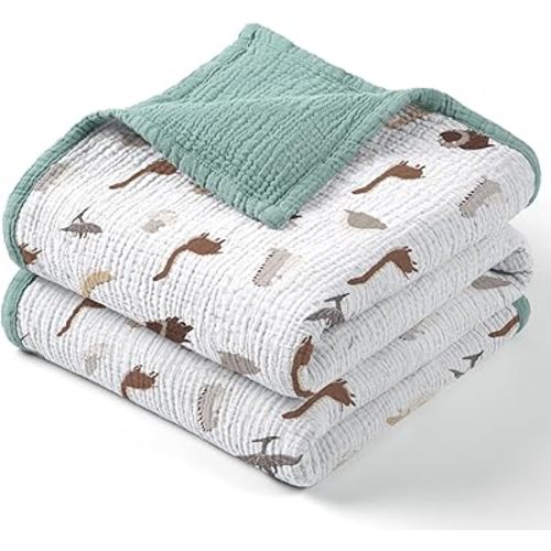 Lulu moon Muslin Baby Blanket - Cotton Quilt Blankets for Toddlers - Reversible Nursery Crib Blanket for Baby Boys and Girls 47"x47"(Sage Dinosaur)