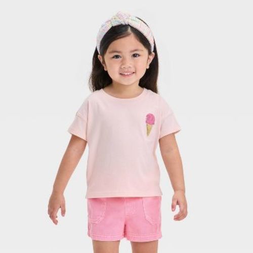 Toddler Girls' 'Ice Cream' Shirt - Cat & Jack™ Peach Orange 4T: Short Sleeve, Crew Neck