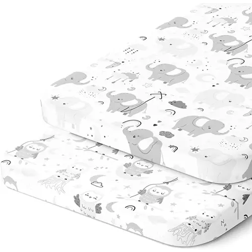 Cradle Sheets Fitted 18 x 36 Inch – Snuggly Soft 100% Jersey Cotton – Grey Elephants, Owls, Stars, Clouds, Moons for Baby Boy and Girl – 2 Pack
