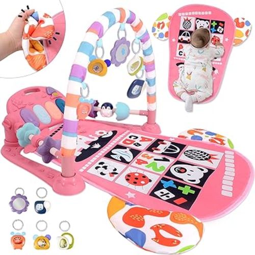 Baby Play Gyms for 0-6 Months, Tummy Time Mat, Baby Play Mat Activity Gym, Kick and Play Piano Gym, Music and Lights, Newborn Baby Gifts for Girls, Pink