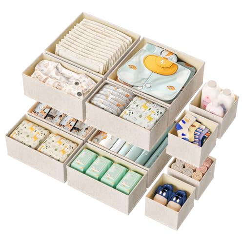 12 Pack Drawer Organizer for Baby Clothes, Linen Fabric Nursery Organizer for Baby Diaper, Collapsible Deep Fabric Drawer Organizer with Zipper for Socks, Bra, Towels, Ties, Beige