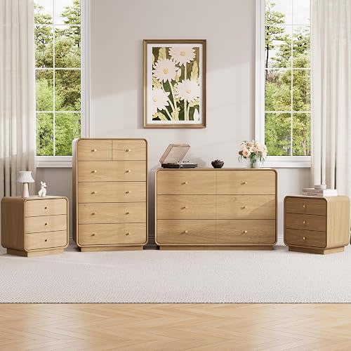 4 Pieces Bedroom Set, 6-Drawer Dresser & 3-Drawer Nightstands Set of 2 with Curved Profile Design, Dresser and Nightstand Sets for Bedroom, Modern Wood Chest of Drawers for Bedroom