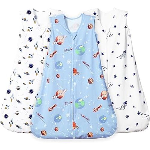 david's kids 3 Pack 100% Cotton Baby Sleep Sack 6-12 Months, Ultra Soft Baby Wearable Blankets with 2-Way Zipper, Comfy Sleeping Bags for Infant Newborn Boys Girls Neutral, Medium Size, Space
