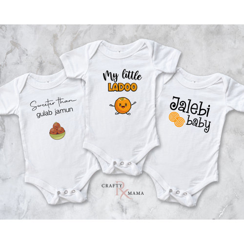 Mithai Bodysuit bundle set | Jalebi Baby, Little Ladoo and Sweeter than Gulab Jamun | Desi foods