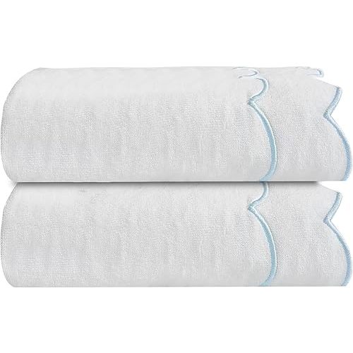 100% Cotton Scalloped Hand Towels 600 GSM Embroidered Soft Absorbent Decorative Bath Towels for Bathroom Hotel Spa Yoga Sport Blue 2-Pack 54" L x 27" W