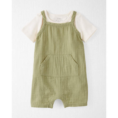 Baby Organic Cotton Gauze Shortall Set - 9M - Style,Sweet Cream, Jurassic Green