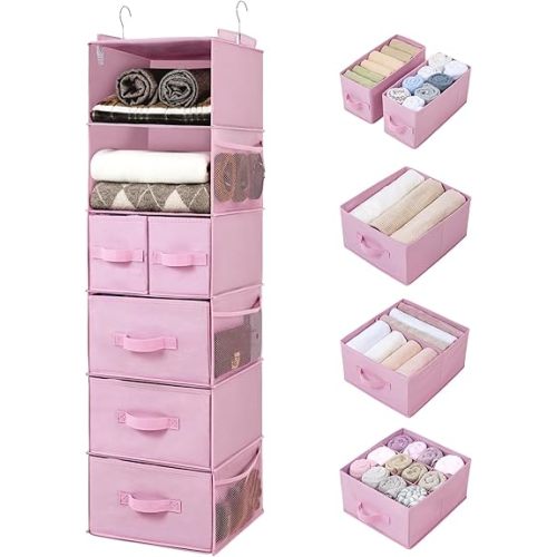 GRANNY SAYS Hanging Closet Organizers and Storage, 6 Shelves Closet Hanging Organizer with 6 Side Pockets, 5 Drawer Storage Organizer, Portable Hanging Shelves for Baby Closet, Pink Shelf