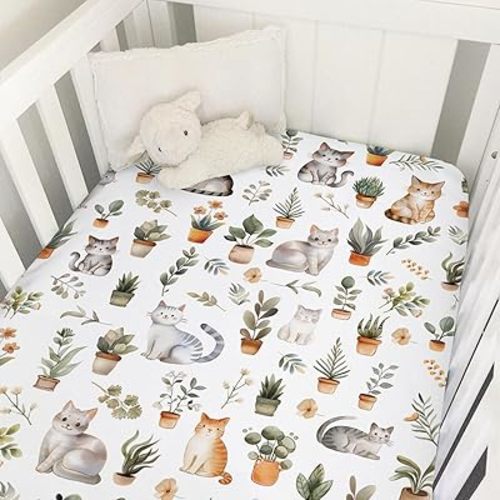 Watercolor Cats Boho Leaves Flowers Baby Crib Sheets 52''x28'' Cute Cats Tropical Plants Stretchy Fitted Crib Mattress Cover for Boy Girl Soft Nursery Bed Sheets for Standard Crib and Toddler Mattress
