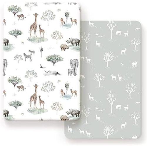 GRSSDER Ultra Soft Pack and Play Sheets, Stretchy Jersey Knit Pack n Play Sheets Fitted 2 Pack, Universal Fitted Portable/Mini Crib Mattresses Safe and Snug, Pretty African Savannah Animals