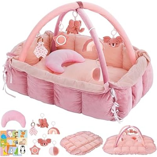 5-in-1 Baby Play Gym and Tummy Time Mat, Tummy Time Pillow & 12 Learning Cards, Plush Activity Mat with 6 Toys, Baby Gym, Convertible to Ball Pit, Baby Gift, Light Pink