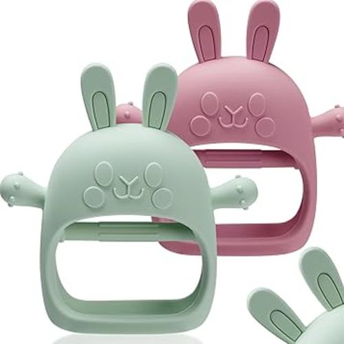 2 Packs Bunny Teething Toys for Babies 0-6 Months,Never Drop Teether for 6-12 Months,100% Food-Grade Silicone Teething Mitten for Babies,Teething Relief for Boys Girls,BPA Free, Red&Green