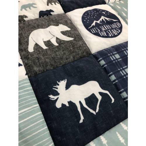 adventure baby quilt, moose bear, woodland mountains, blue plaid, rustic, navy arrow, minky, toddler boy, handmade, crib, new baby gift