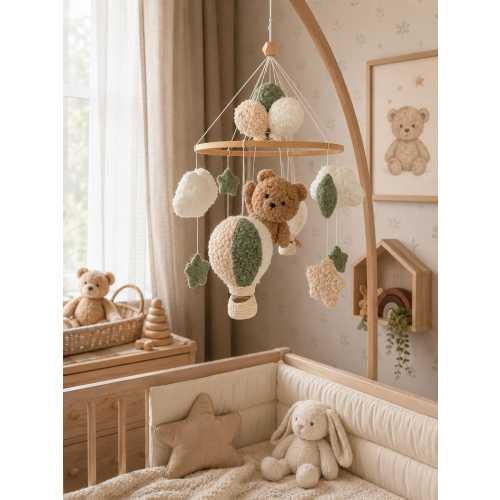 Baby Crib Mobile with Teddy Bear & Hot Air Balloons, Grren Boucle Nursery Mobile, Neutral Baby Mobile, Baby Shower Gift
