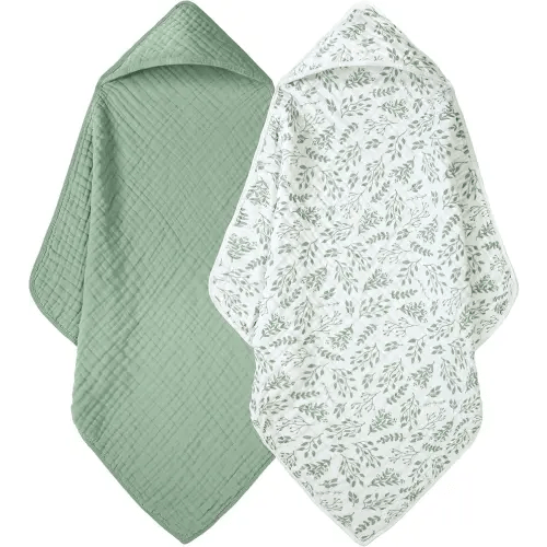 Baby Bath Towels, 100% Muslin Cotton Hooded Baby Towels for Newborn, Infant and Toddler, 2 Pack Soft and Absorbent Unisex Bath Essentials with Large 32x32Inch Size