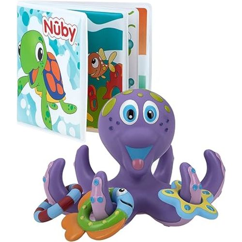 Nuby Floating Purple Octopus with 3 Hoopla Rings Interactive Bath Toy Bath Fun Time Book with Water-Proof Pages and Surprise Squeaker, Early Education, 0 M+