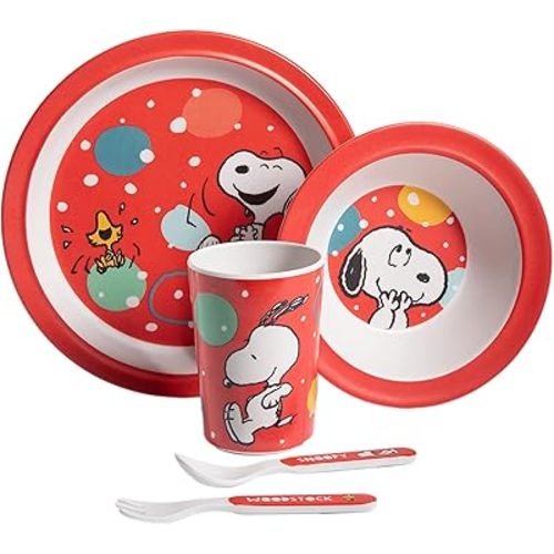 Peanuts Snoopy Fun Times 5-Piece Bamboo Melamine Dinnerware Set For Kids - Red