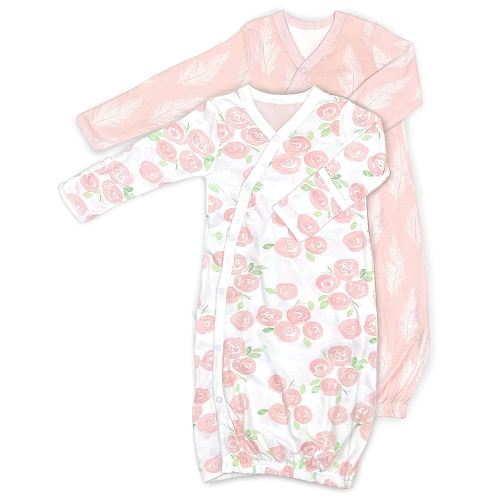 Cambria Baby 100% Organic Kimono Gowns. Side Snaps with Built in Mitts. (0-6 Months, Roses and Feathers)