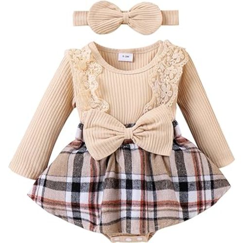 Baby Girl Clothes Fall Winter Outfit Plaid Romper Long Sleeve Dress Lace Ruffles Bodysuit with Bow Headband