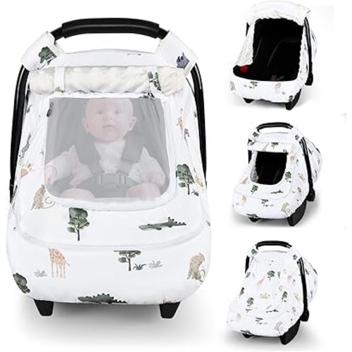Winter Car Seat Cover Baby with Sunshade & Dual Zipper Windows - Minky Bubble Lined Windproof Soft Shell, Warm Newborn Car Seat Canopy Covers, Elastic Bottom for Stroller & Infant Car Seat, Animal