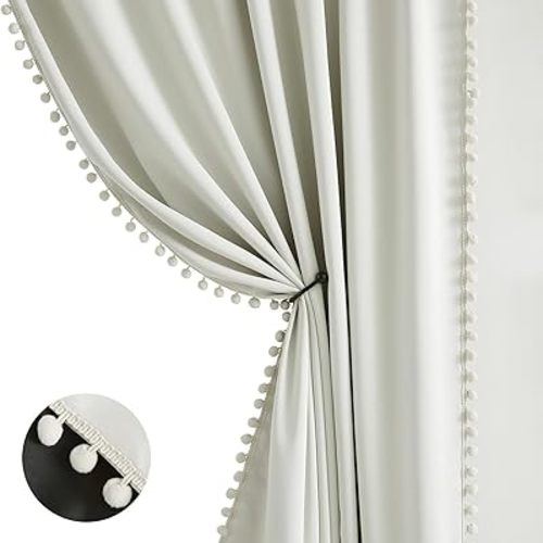 Treatmentex Pompom Blackout Window Curtain Panels Natural Ivory Full Blackout Curtains for Bedroom Basement Small Windows 52" W x 45" L 2 Panels Rod Pocket