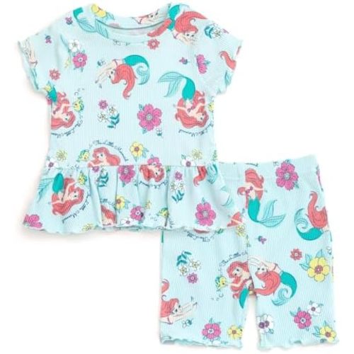 Disney Junior Ribbed Peplum T-Shirt and Bike Shorts Outfit Set Newborn to Big Kid Sizes (0-3 Months - 14-16)