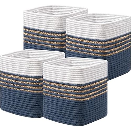 UBBCARE Set of 4 Storage Cubes 11 X 11 X 11 in, Water Hyacinth Storage Bins for Shelves, Toys, Book, Storage Baskets with Handles, Cotton Rope Woven Baskets for Organizing, Navy Blue
