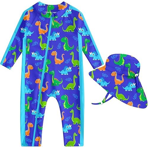 UNIFACO Baby Boy Swimsuit UPF 50+ Sun Protection One Piece Zip Bathing Suit with Sun Hat Infant Sunsuit Swimwear