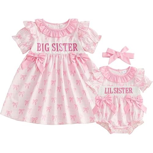 Big Little Sister Matching Outfits Summer Short Puff Sleeve Peter Pan Collar Bow Embroidery Plaid Romper/Dress