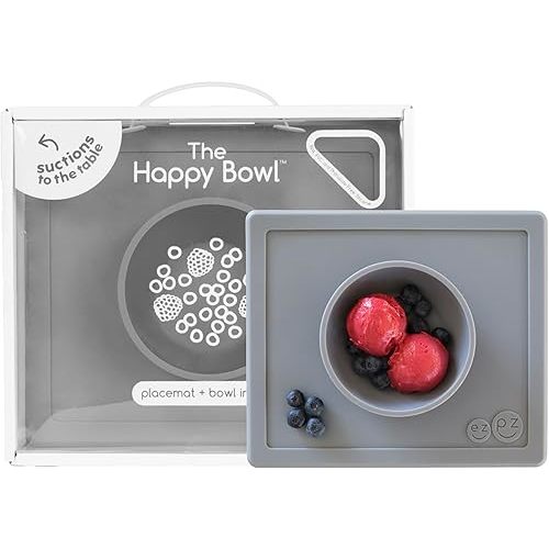 ezpz Happy Bowl - 24 Months + (Gray) - 100% Silicone Suction Bowl with Built-in Placemat – Dishwasher Safe