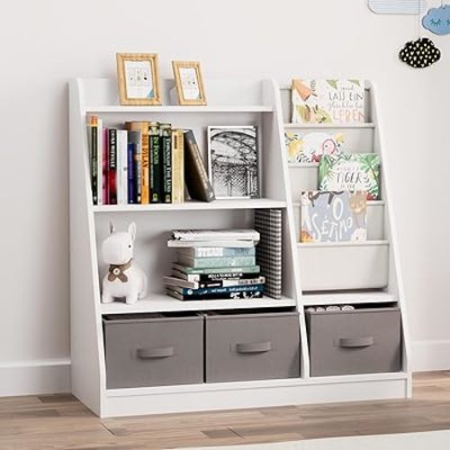 Kids Bookshelf Wood Toy Storage Organizer Cabinet Children Bookcase Toddler Baby Sling Book Rack 3 Cube Bins Fabric Drawers for Playroom Bedroom Nursery School