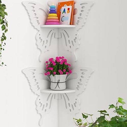 2-Tier Butterfly Corner Shelf - Nursery Wall Deor Floating Corner Shelf for Kid’s Room, Small Cute Decorative Shelf Wall Mounted, White Hanging Hollow Out Shelf for Toys, Plants and Storage