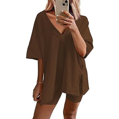 Ekouaer Womens Pajamas 2 Piece Lounge Sets Oversized V Neck T-Shirts Tops Biker Shorts Set Workout Reversible Tracksuit S-XXL