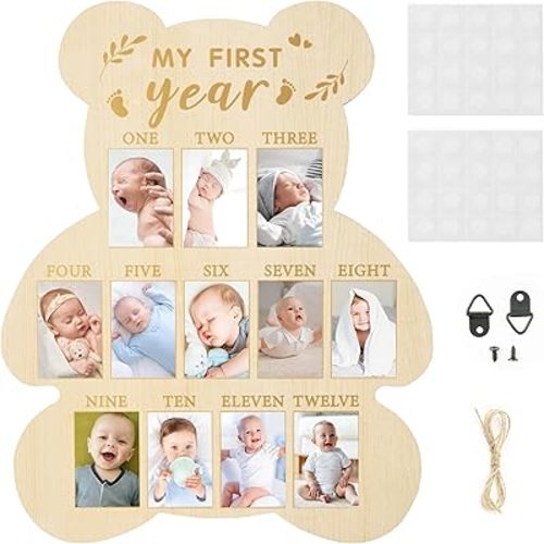 R HORSE My First Year Photo Display Wood Board, Baby’s First Year Picture Frame 12 Months Milestone Board Bear Shape Birthday Baby Keepsake Nursery Decor Gift for Boy Girl