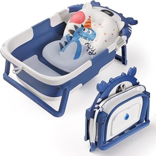 Baby Bathtub,Collapsible Baby Bath Tub with Thermometer & Soft Floating Cushion,Portable Travel Baby Bathtubs for Newborns to Toddlers 0-36 Months(Crab Blue)