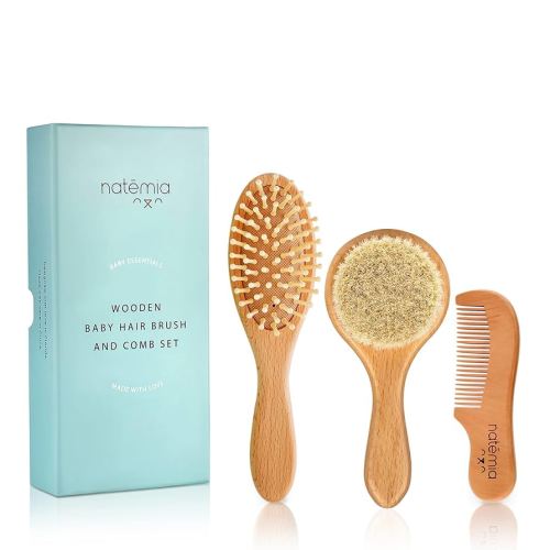 Natemia Baby Hair Brush and Comb Set - Wooden Soft Bristle Brush, Cradle Cap Brush for Newborns and Toddlers