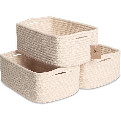 NaturalCozy 11.8"x8"x4.5” Storage Baskets for Shelves 3 Pack | Cotton Rope Woven Small Baskets for Organizing | Small Storage Bins for Nursery, Bathroom, Closet, Cube Shelf, Decorative, Gift Basket