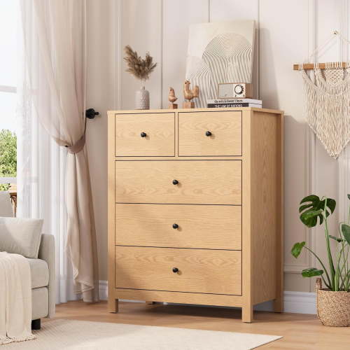 Natural Oak 5 Drawer Dresser for Bedroom, Modern Tall Dresser Organizer with Storage Drawers, Wooden Chests of Drawers for Bedroom, Entryway, Hallway, Home Office
