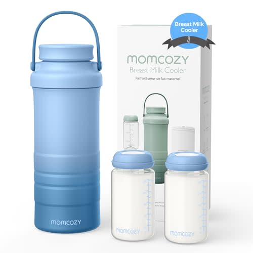 Momcozy 22oz Portable Breast Milk Cooler for Outdoor, Life Saver with 360° Total Cooling for 24 Hours, Larger Capacity Travel Breastmilk Chiller with 2pcs Baby Bottles for Breastmilk Storage, Blue