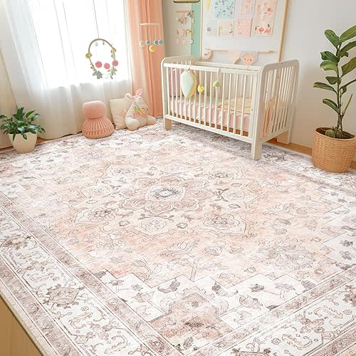 Machine Washable 8x10 Area Rugs for Living Room Vintage Carpet Non Slip Low Pile Water Repellent Soft Print Pattern for Bedroom Indoor Decor Polyester Rug Pink