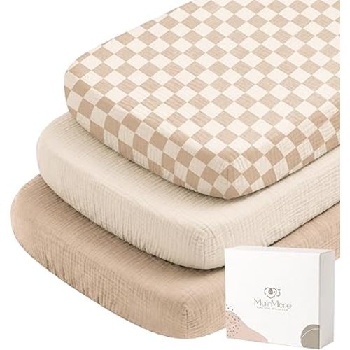 MairMore 3 Pack Muslin Fitted Bassinet Sheets for Babies, Soft & Breathable 100% Cotton Bedside Sleeper Bassinet Sheet, Moses Basket Oval Rectangle Pad/Mattress (Milky Coffee)