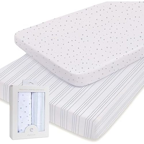 Ely’s & Co. Pack and Play Sheets, for Mini/Portable Crib, 2 Pack Fitted Playpen Play Yard Sheet Set Compatible with Graco Pack n Play, for Baby Boys, 100% Cotton, Blue Stars and Stripes, 38”x24”x5”