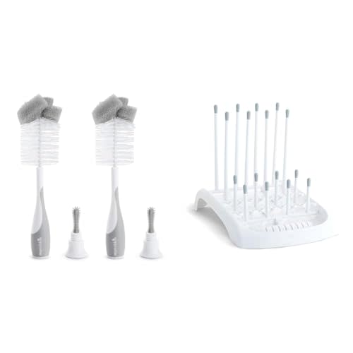 Munchkin® Sponge™ Bottle Brush, Grey, 2 Count (Pack of 1) & Fold™ Baby Bottle Countertop Drying Rack, White