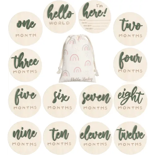 3D Baby Milestone Wooden Circles Hello World Newborn Sign 7 Pack Double Sided Monthly Milestone Cards Sign Baby Announcement Sign for Newborn Shower Photo Props(Green)