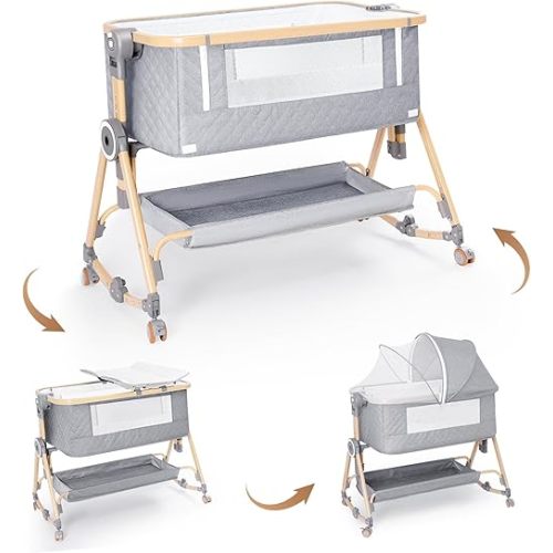 Baby Bassinets Bedside Sleeper 5 in 1,Bedside Bassinet for Baby with Mattress,Diaper Table, Storage Layer,Mosquito Net,7-level adjustable height , one-touch folding for travel with infants (Gray)