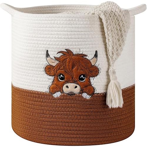 Large Blanket Baskets for Living Room, Highland Cow Storage Baskets for Toys Organizer Woven Cotton Rope Basket for Kids, Clothes Hamper with Embroidery Highland Cow Decor for Nursery Laundry