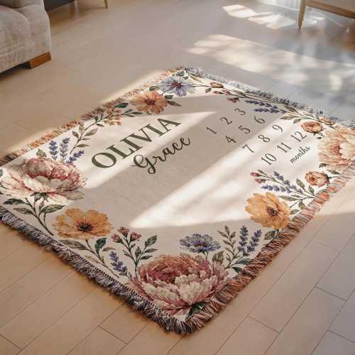 Personalized Floral Milestone Blanket Baby Name Woven Blanket Wildflower Nursery Newborn Keepsake Baby Shower Gift