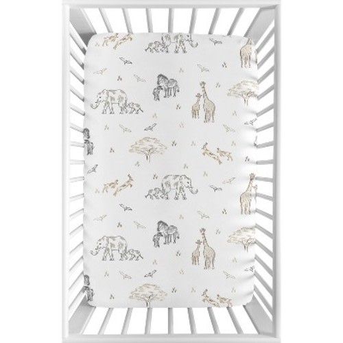 Sweet Jojo Designs Boy or Girl Gender Neutral Unisex Baby Fitted Mini Crib Sheet Serengeti Animals Taupe and White