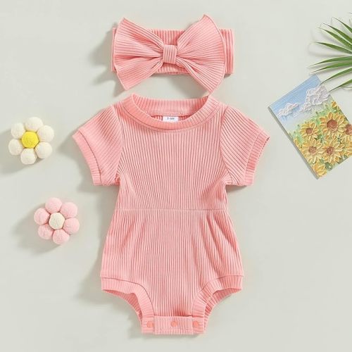 Baby Girl Summer Clothes Ribbed Short Sleeve Romper Solid Color Bodysuits Bow Headband Outfit Newborn Girl Jumpsuit - Pink - 3-6 Months