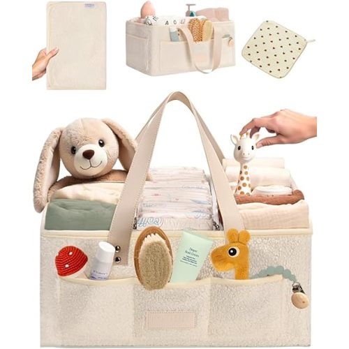 Baby Diaper Caddy Organizer with Portable Changing Mat and Heart Burp Cloth - Teddy Fleece Diaper Organizer for Changing Table - Baby Basket for Diaper Changing Essentials - Beige