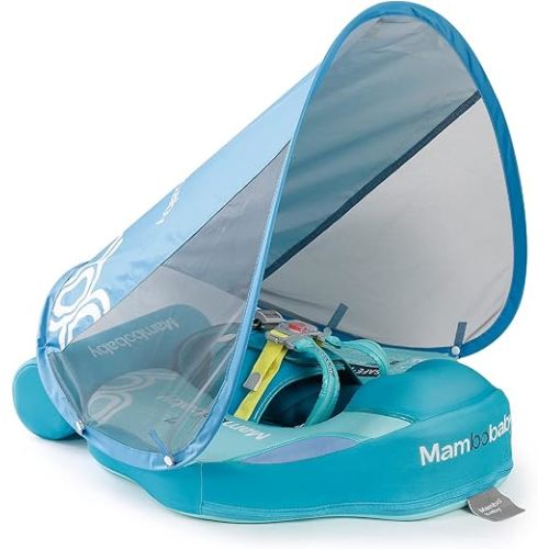 Mambobaby Baby Pool Float with Canopy & Tail Non-Inflatable Solid Baby Swim Float for Infants Toddlers 3-24 Months Upgrade Soft Waterproof Skin-Friendly Material Infant Swimming Float